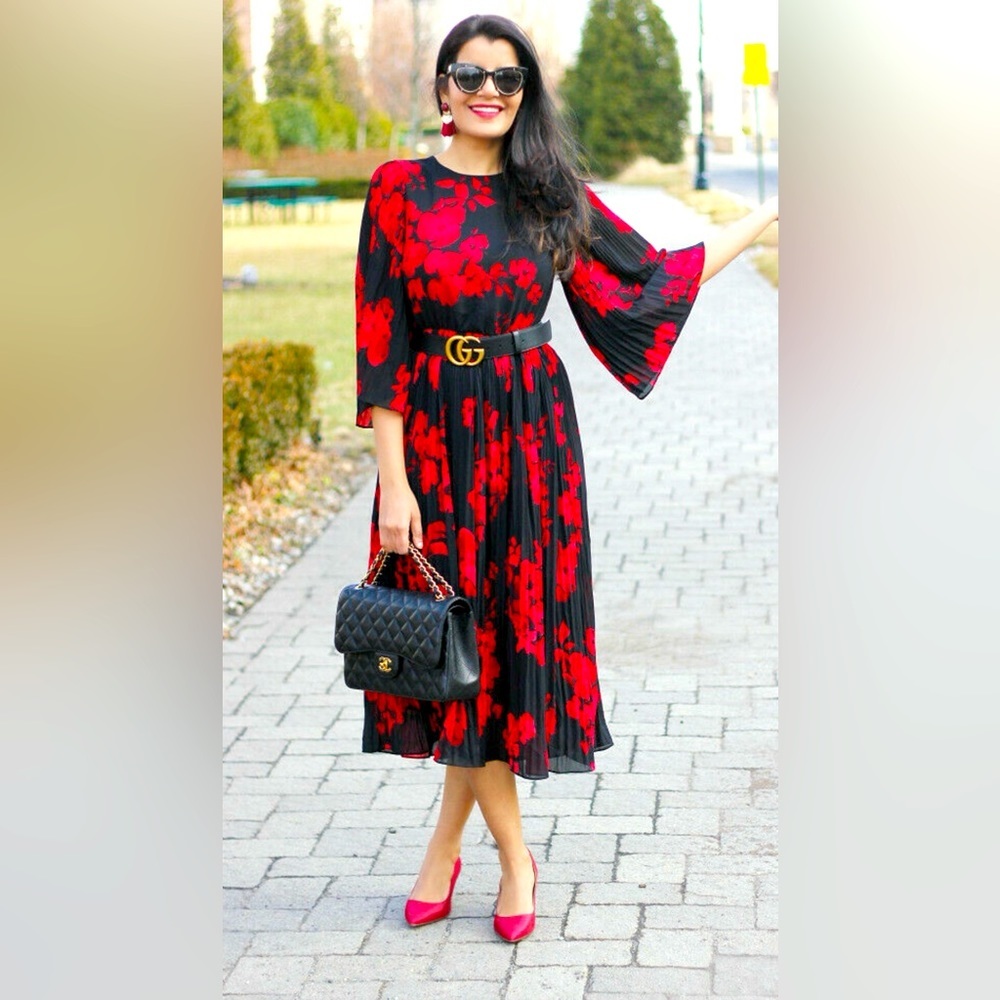 NWOT H&M Chiffon Red & Black Floral  Poppy Pleated Midi Dress Women Size 6 US